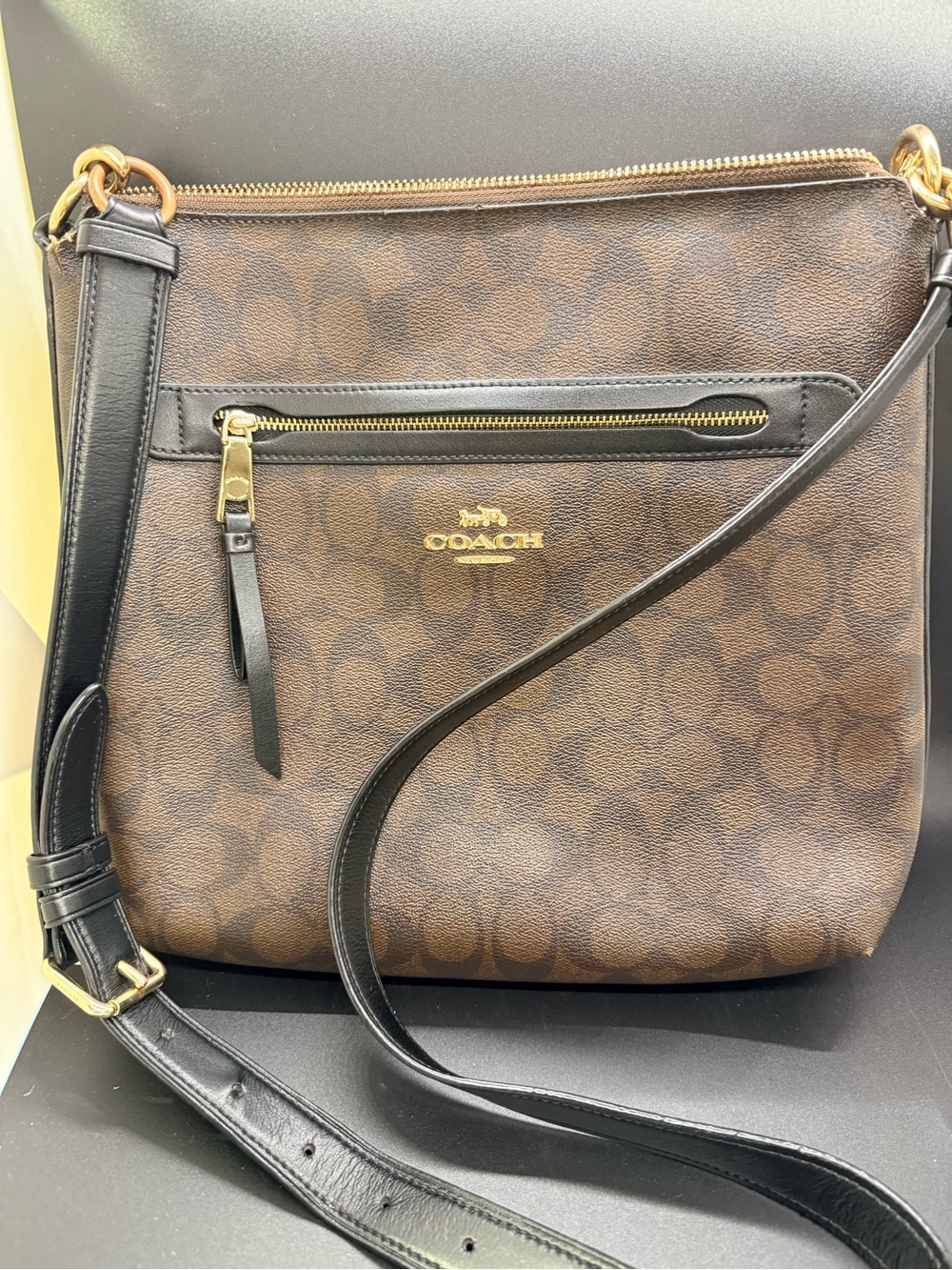 Coach Brown Signature Crossbody Bag with Black Trim